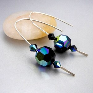 Dark blue crystal earrings with sterling silver hammered wire / jewel tone earrings / blues, greens, purples / jewelry gift image 1