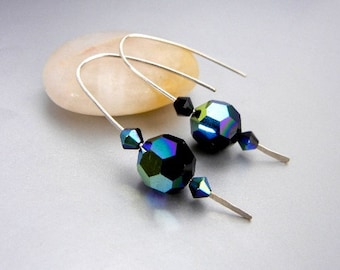 Dark blue crystal earrings with sterling silver hammered wire / jewel tone earrings / blues, greens, purples / jewelry gift