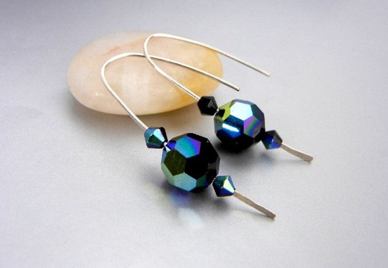 Dark blue crystal earrings with sterling silver hammered wire / jewel tone earrings / blues, greens, purples / jewelry gift image 1