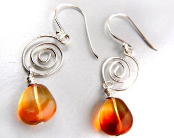 Halloween earrings - golden orange glass with sterling silver spirals / jewelry gift