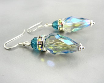 Swarovski crystal earrings in aqua and indicolite // rhinestone earrings // dressy earrings // wedding bridesmaid jewelry / jewelry gift