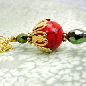 Red & gold pendant necklace with Czech glass, gold chain and accents/ metallic green / jewelry gift / holiday colors image 4