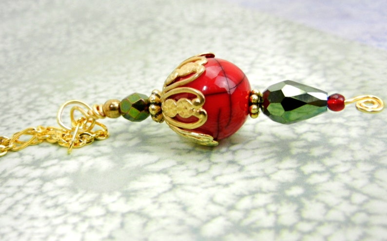 Red & gold pendant necklace with Czech glass, gold chain and accents/ metallic green / jewelry gift / holiday colors image 4