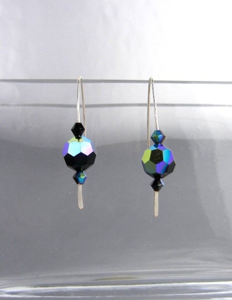 Dark blue crystal earrings with sterling silver hammered wire / jewel tone earrings / blues, greens, purples / jewelry gift image 2