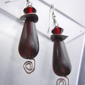 Dark merlot red earrings with crystals and sterling silver spirals / jewelry gift image 5