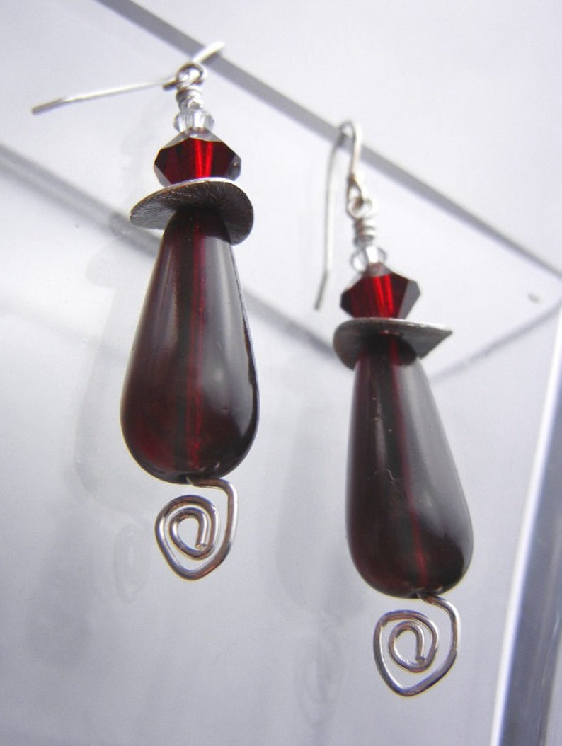 Dark merlot red earrings with crystals and sterling silver spirals / jewelry gift image 5