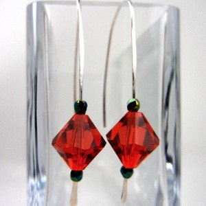 Red crystal earrings with emerald green Czech glass beads on sterling silver hammered wire image 2