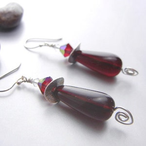 Dark merlot red earrings with crystals and sterling silver spirals / jewelry gift image 2