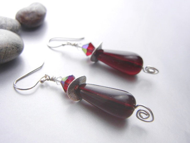 Dark merlot red earrings with crystals and sterling silver spirals / jewelry gift image 2