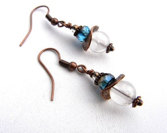 Clear quartz & copper earrings with teal blue and crystal accents / copper jewelry / jewelry gift