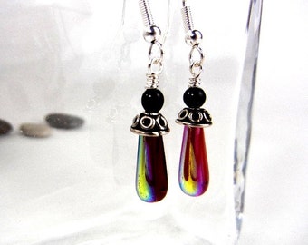 Red drop earrings with vitrail flash coating, fancy silver caps and black beads / small earrings / jewelry gift