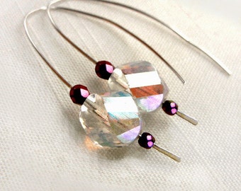 Crystal earrings with rainbow flash and Czech glass accent beads in plum on sterling silver wire / jewelry gift