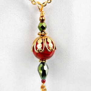 Red & gold pendant necklace with Czech glass, gold chain and accents/ metallic green / jewelry gift / holiday colors image 2