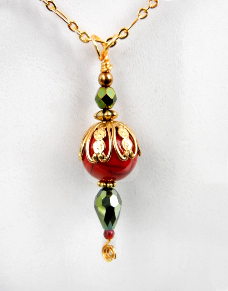 Red & gold pendant necklace with Czech glass, gold chain and accents/ metallic green / jewelry gift / holiday colors image 2