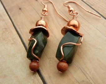 Serpentine & goldstone earrings with copper accents / dark green / gemstone jewelry / jewelry gift  /