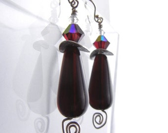 Dark merlot red earrings with crystals and sterling silver spirals / jewelry gift