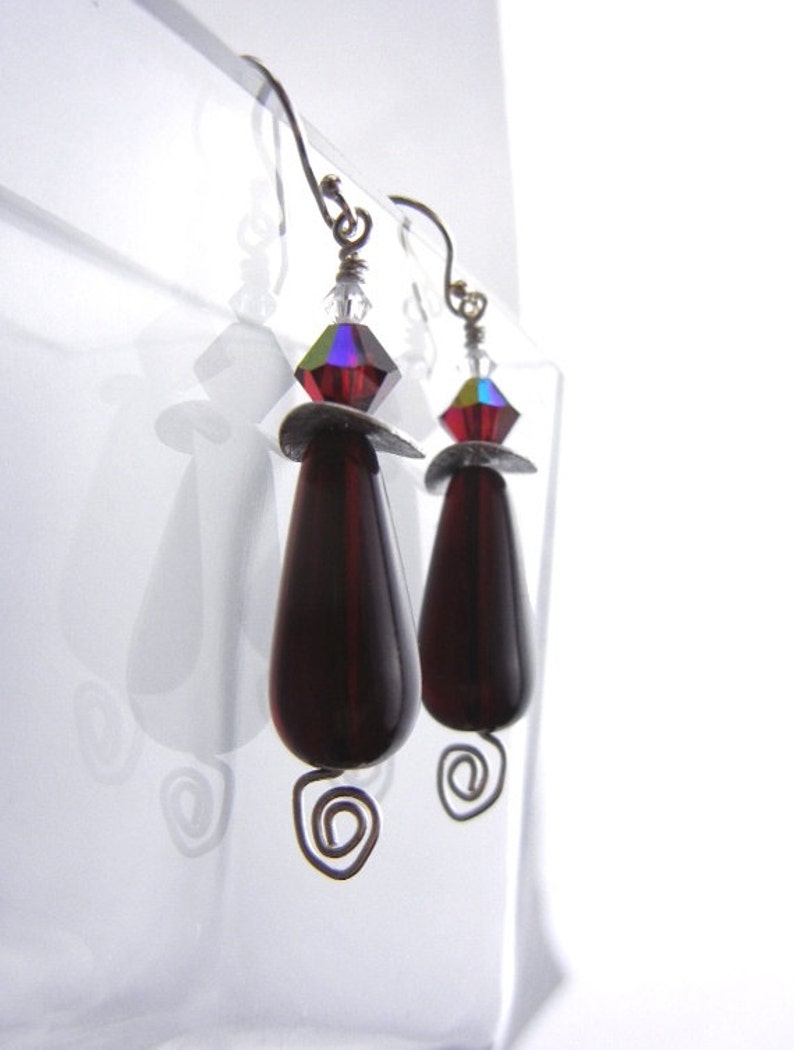 Dark merlot red earrings with crystals and sterling silver spirals / jewelry gift image 1