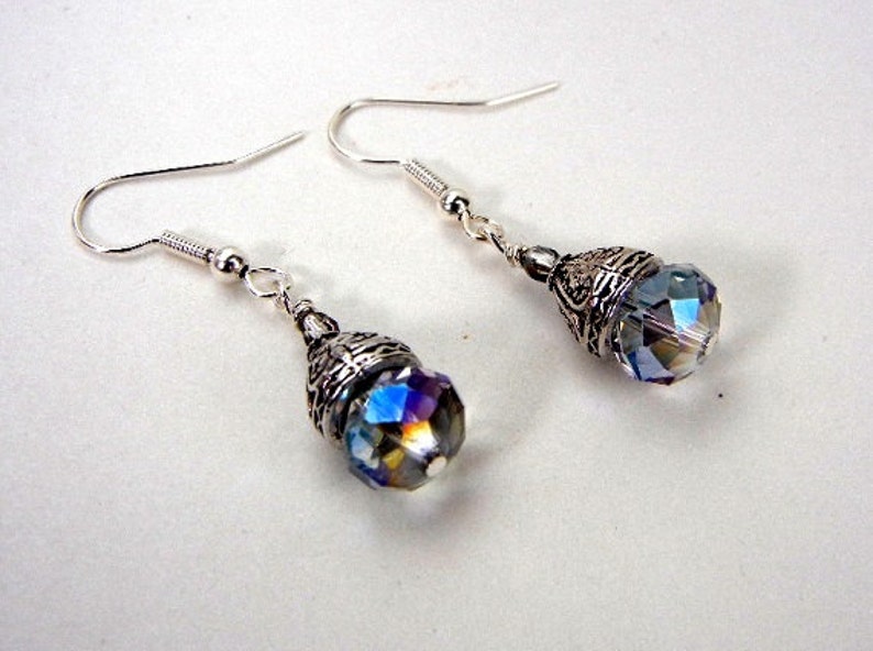 Crystal earrings with sparkly rainbow flash and fancy silver bead caps / small earrings / jewelry gift / image 3