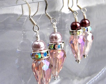 Pink earrings of sparkly rose crystal drops with Swarovski rhinestones & choice of pale mauve OR rich mauve pearls / wedding jewelry