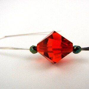 Red crystal earrings with emerald green Czech glass beads on sterling silver hammered wire image 3