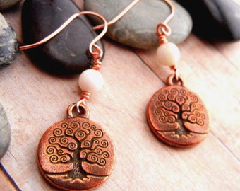 Copper Tree of Life charm earrings with white shell beads / antiqued copper / unity symbol // tree earrings / jewelry gift