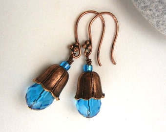 Cerulean blue earrings with copper fluted bead caps, crystal drops and fancy ear wires // floral earrings / jewelry gift