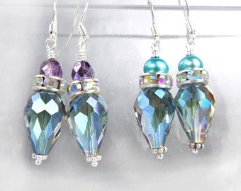 Crystal earrings in blue & mauve with rhinestones and aqua pearls OR mauve Czech glass top beads / elegant dressy jewelry / wedding jewelry