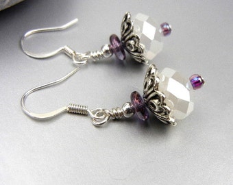 Milky white crystal earrings with silver caps and purple bead accents / jewelry gift