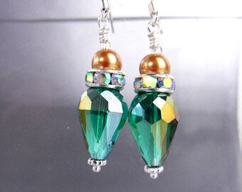 Emerald green crystal earrings of Thunder Polish Czech glass, rhinestones w/ gold OR ivory pearls / wedding, bridesmaid / jewelry gift