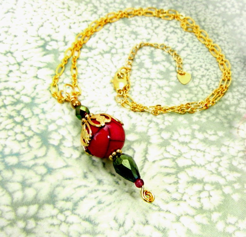 Red & gold pendant necklace with Czech glass, gold chain and accents/ metallic green / jewelry gift / holiday colors image 3