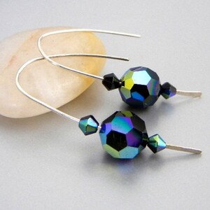 Dark blue crystal earrings with sterling silver hammered wire / jewel tone earrings / blues, greens, purples / jewelry gift image 4