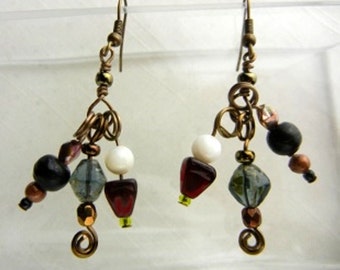 Beaded charm earrings with bronze spirals in multicolors / Collage of Colors / jewelry gift