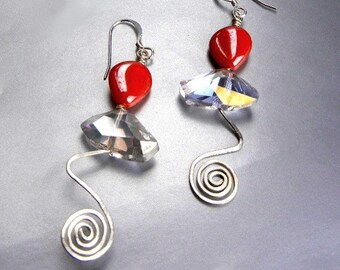 Red & sterling silver earrings with hammered wire spirals and rainbow flash / Red Waves / jewelry gift