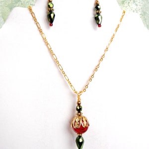 Red & gold pendant necklace with Czech glass, gold chain and accents/ metallic green / jewelry gift / holiday colors image 8