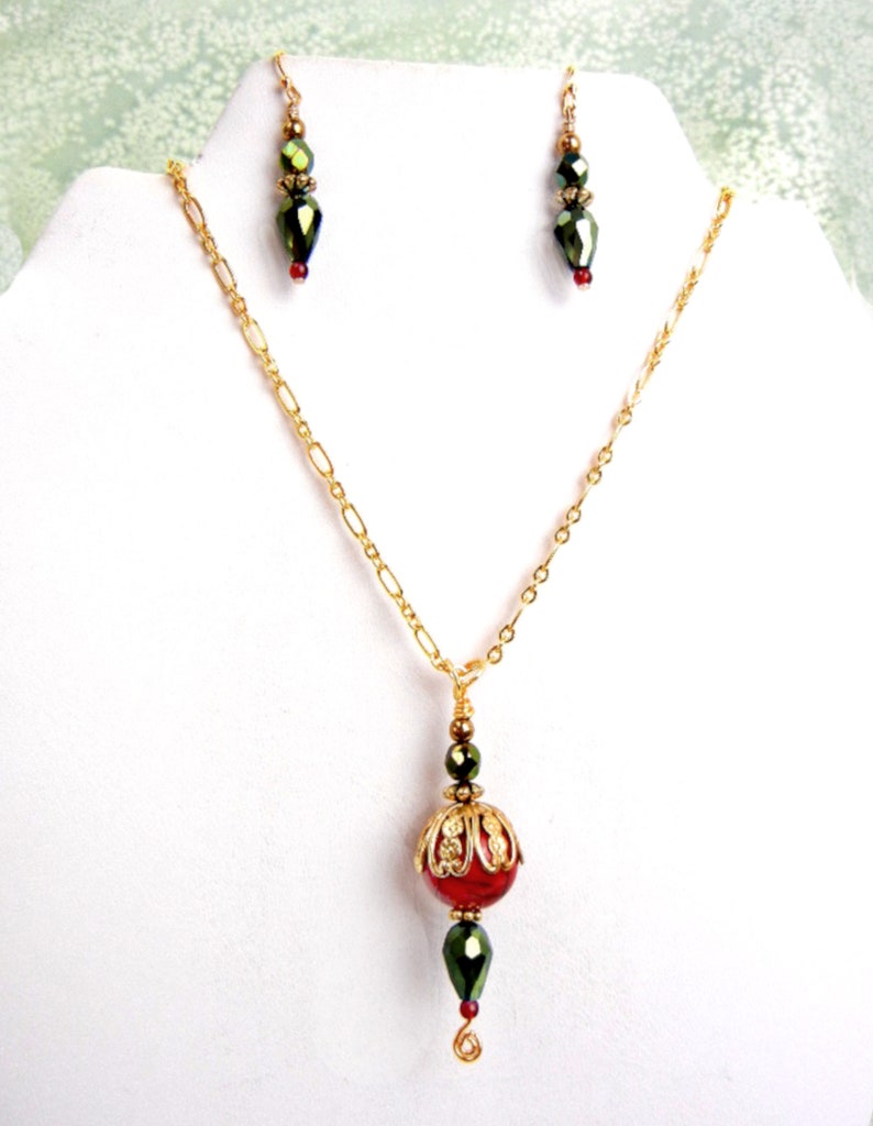 Red & gold pendant necklace with Czech glass, gold chain and accents/ metallic green / jewelry gift / holiday colors image 8