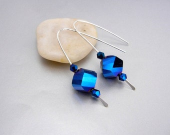 Cerulean blue earrings of helix metallic glass on sterling silver wire / wedding party bridesmaid jewelry / jewelry gift