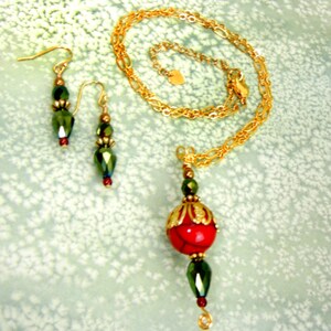 Red & gold pendant necklace with Czech glass, gold chain and accents/ metallic green / jewelry gift / holiday colors image 7