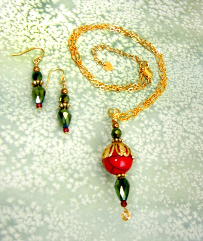 Red & gold pendant necklace with Czech glass, gold chain and accents/ metallic green / jewelry gift / holiday colors image 7