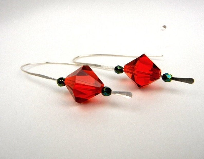 Red crystal earrings with emerald green Czech glass beads on sterling silver hammered wire image 1