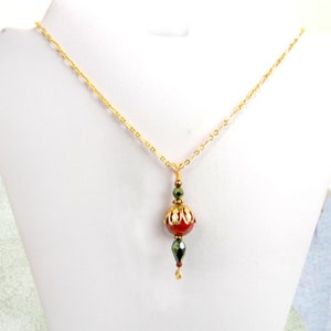 Red & gold pendant necklace with Czech glass, gold chain and accents/ metallic green / jewelry gift / holiday colors image 5