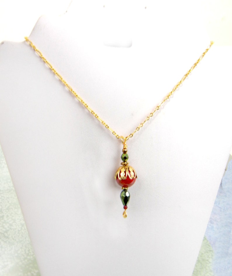 Red & gold pendant necklace with Czech glass, gold chain and accents/ metallic green / jewelry gift / holiday colors image 5