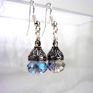 Crystal earrings with sparkly rainbow flash and fancy silver bead caps / small earrings / jewelry gift / image 4