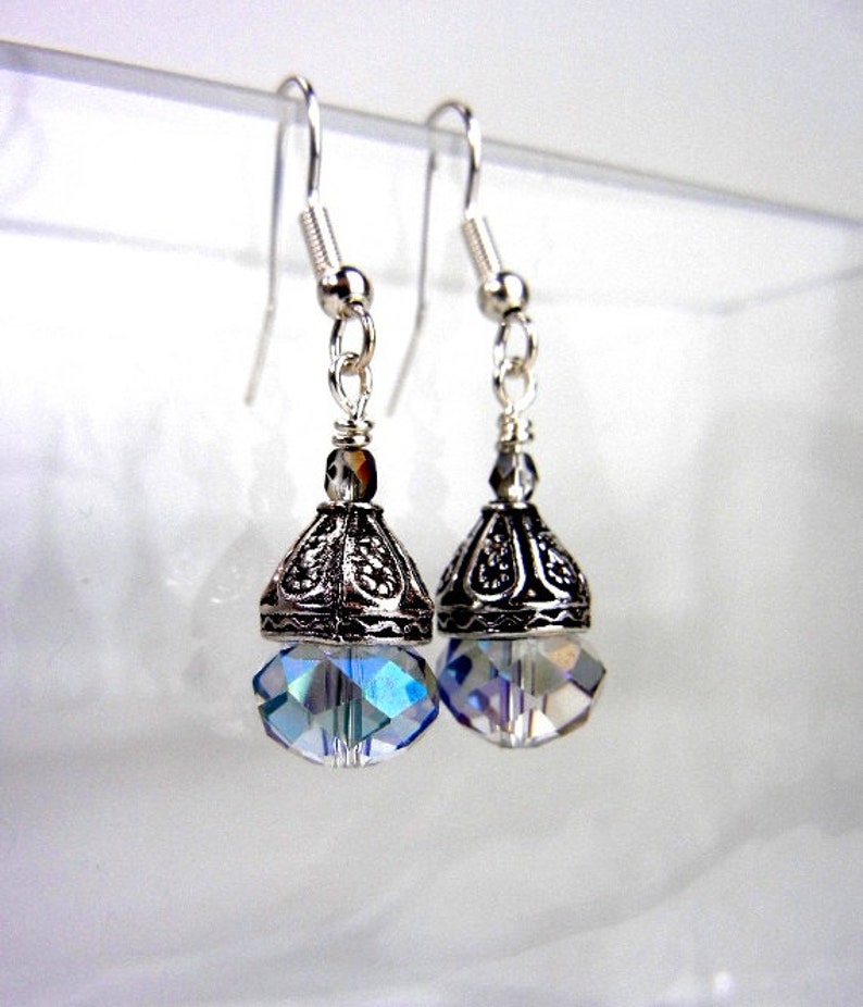 Crystal earrings with sparkly rainbow flash and fancy silver bead caps / small earrings / jewelry gift / image 4