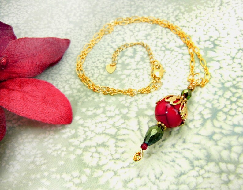 Red & gold pendant necklace with Czech glass, gold chain and accents/ metallic green / jewelry gift / holiday colors image 1