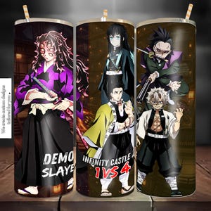 May include: A cylindrical tumbler featuring a wrap-around graphic of anime characters in a dark castle setting. The design includes figures in traditional Japanese attire, swords, and the text "DEMON SLAYER" and "INFINITY CASTLE 1 VS 4" in bold white and red.