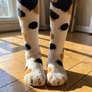 Könnte beinhalten: Ein Paar kniehohe, flauschige Socken mit einem von Kaliko-Katzen inspirierten Muster aus cremefarbenen, schwarzen und goldbraunen Flecken. Der Zehenbereich jeder Socke ist mit strukturierten, erhabenen Details versehen, die Pfotenballen imitieren.