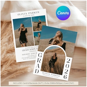 May include: Graduation announcement cards featuring a photo of a person in a black dress, with the text "Olivia Parker Class of 2026". The cards include the graduation date, time, and location. The design is clean and modern.