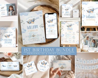 Airplane 1st Birthday Bundle, First Airplane Birthday Invitation Set, Time Flies Birthday Invite Kit, Airplane Decor For Party AA1