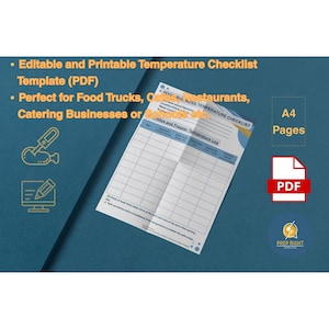Puede incluir: Una plantilla de lista de verificación de temperatura azul y blanca (PDF) con el texto "FOO-9US NESS TEMPERATURE CHECKLIST" y "Fridge and Freezer Temperature Log". La imagen también incluye el texto "A4 Pages" y "PREP RIGHT TEMPLATES".