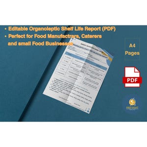 Puede incluir: Documento PDF A4, "Organoleptic Shelf Life Validation Report", sobre una superficie azul. El documento presenta una tabla y texto. La imagen también incluye el texto "Editable Organoleptic Shelf Life Report (PDF)".